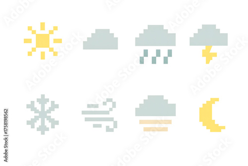 8-Bit Pixel Weather Icons – Sun, Cloud, Rain, Snow, Wind, Temperature Symbols