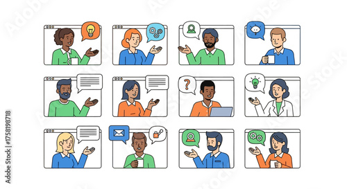 Diverse People in Video Call Windows Discussing Ideas.