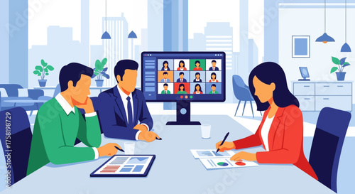 Business Team Meeting with Video Conference on Screen.