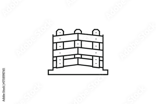 Black outline showcases the abstract structural elevation with three towers on a white background