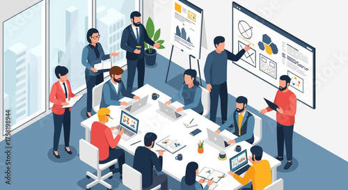 Isometric Illustration of Business Team Meeting in Office.