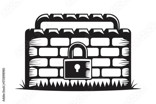Black padlock guards the brick wall with grass, conveying security and protection