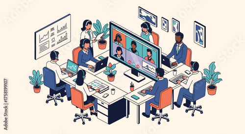 Isometric Illustration of a Business Team Meeting Online.