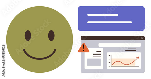 happy face alongside dashboard with upward chart and warning alert. Ideal for positivity, analytics, performance tracking, result assessment, optimization, data visualization, simple flat metaphor