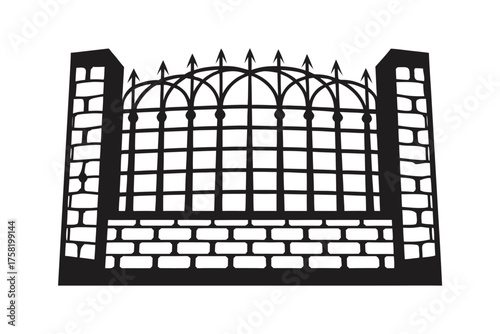 Black silhouette of an ornate iron gate with brick pillars on a white backdrop