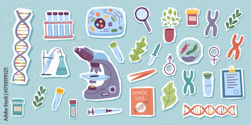 Flat illustration set of genetic and biological science elements isolated on white background. Vector flat cliparts, stickers.