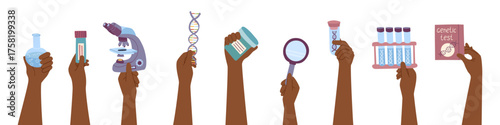 Flat vector illustration of human hands cliparts holding various genetic science and laboratory objects. Concept of biotechnology, genetic research, DNA analysis, laboratory diagnostics.