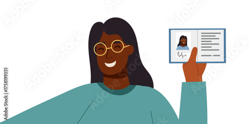 Woman holding a document and taking a photo of herselth isolated on white background. Vector flat clipart. Concept of identity, official document, verification, passport or ID check and personal data.
