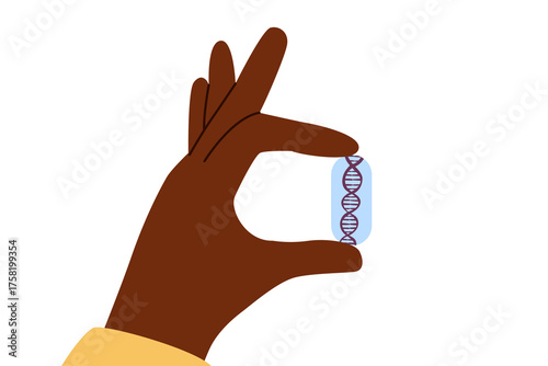 Human hand holding DNA capsule with a DNA double helix inside isolated on white background. Concept of genetics, science, biotechnology and STEM education. Vector flat clipart.