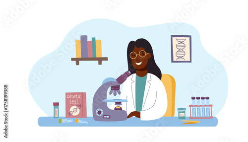 Flat vector illustration of a genetic female scientist working at the laboratory. Concept of biotechnology, DNA research, medical testing and genetics. Vector banner.