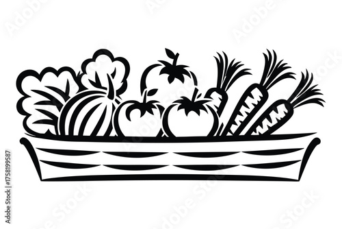 Black sketched harvest basket displaying fresh vegetables including lettuce, tomato, pumpkin, and carrots