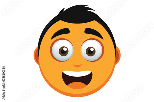 Cheerful face with lightorange skin, dark hair, and a wide grin expresses happiness