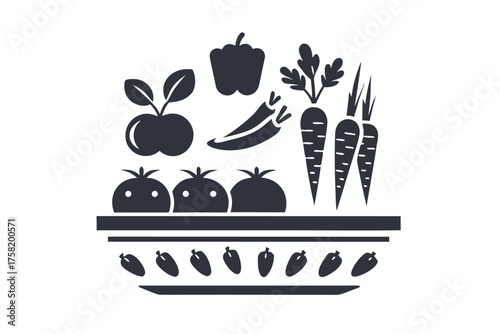 Collection of apples, tomatoes, pepper, carrots and other fresh vegetables arranged above each other