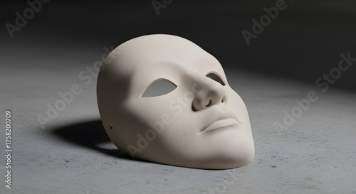 A plain white mask rests on a concrete surface with dramatic lighting creating a sense of mystery and anonymity
