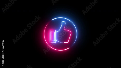 Neon glowing Like icon isolated on black background.Thumbs up icon.