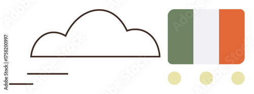 Cloud outline with dynamic lines paired with a train featuring the Irish flag. Ideal for travel, transportation, Ireland tourism, logistics, minimalism, speed, global connection. Simple flat metaphor