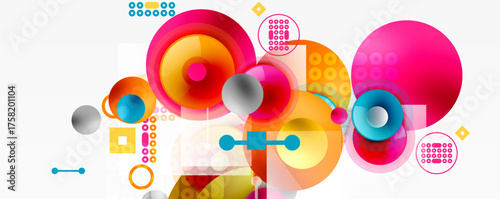 Abstract composition featuring vibrant circles, squares, dots. Bright colors create dynamic visual experience. Modern design elements present.