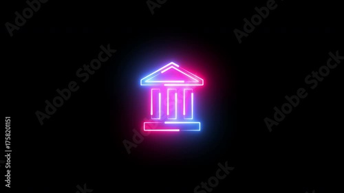 Blue and pink neon glowing Bank building icon isolated on black background.