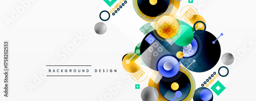 Abstract geometric shapes, vibrant colors, modern design elements. Circles, squares, lines create dynamic composition. Background texture visible.