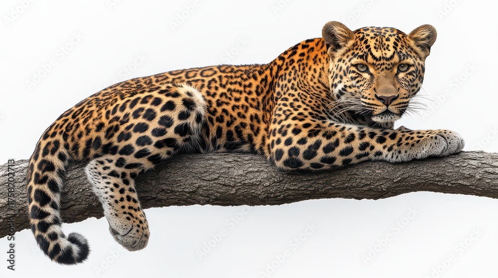 Obraz premium Leopard resting on tree branch, isolated on white background.