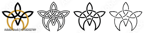 Set of icons, moon symbols with intertwined trefoil. The sign of the Triple Goddess in Celtic knot style. Linear logo, graphic design element in an occult, mystical, magical motif. Vector illustration