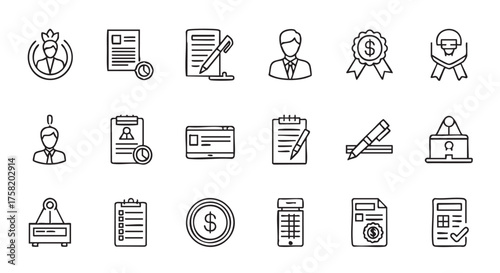 Black and white line art depicting business and management icons concept