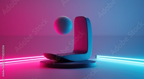 Abstract 3D Rendering of a Futuristic Chair and Floating Sphere in Neon Light