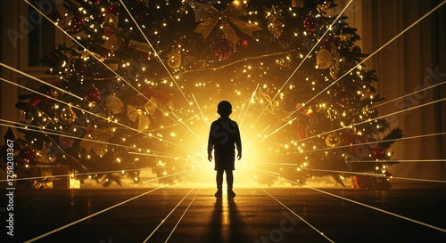 A child stands illuminated before a Christmas tree, radiating light and warmth, festive and magical