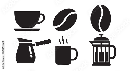 Black and white illustration of coffee cup cezve and coffee maker