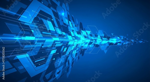 Abstract blue digital network with glowing lines and geometric shapes