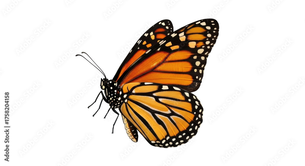Fototapeta premium Isolated monarch butterfly posing with orange wings and black veins, on an angle for beauty