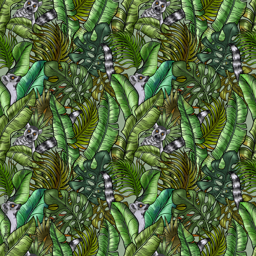 Obraz premium Hand drawn tropical greenery and lemurs peeking out of it. Seamless pattern for textile