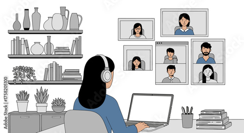 Woman Attending Virtual Meeting on Laptop with Multiple Video Conference Participants Displayed