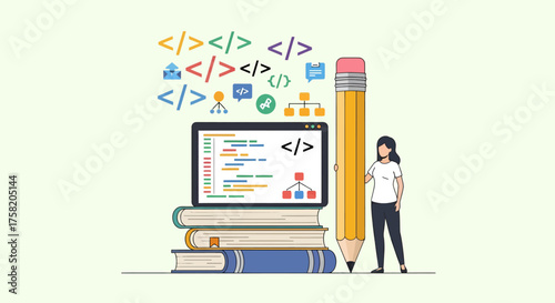 Female Developer Learning Coding and Software Programming Education Concept