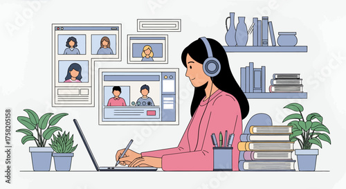 Smiling Woman Attending Virtual Class or Remote Meeting with Video Conference on Laptop