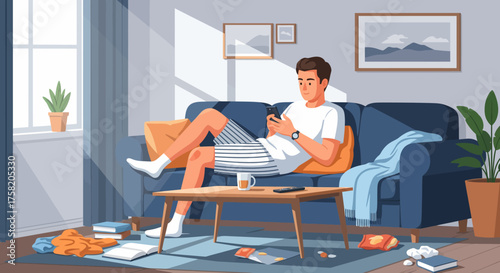 Domestic life scenes featuring a young man character relaxing and using a smartphone on the couch in a messy living room