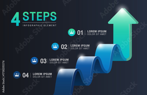 Four-steps infographic arrow rising on curvy blue path. Success and growth concept.