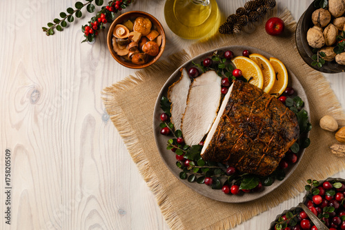 Whole baked ham. Christmas decoration.