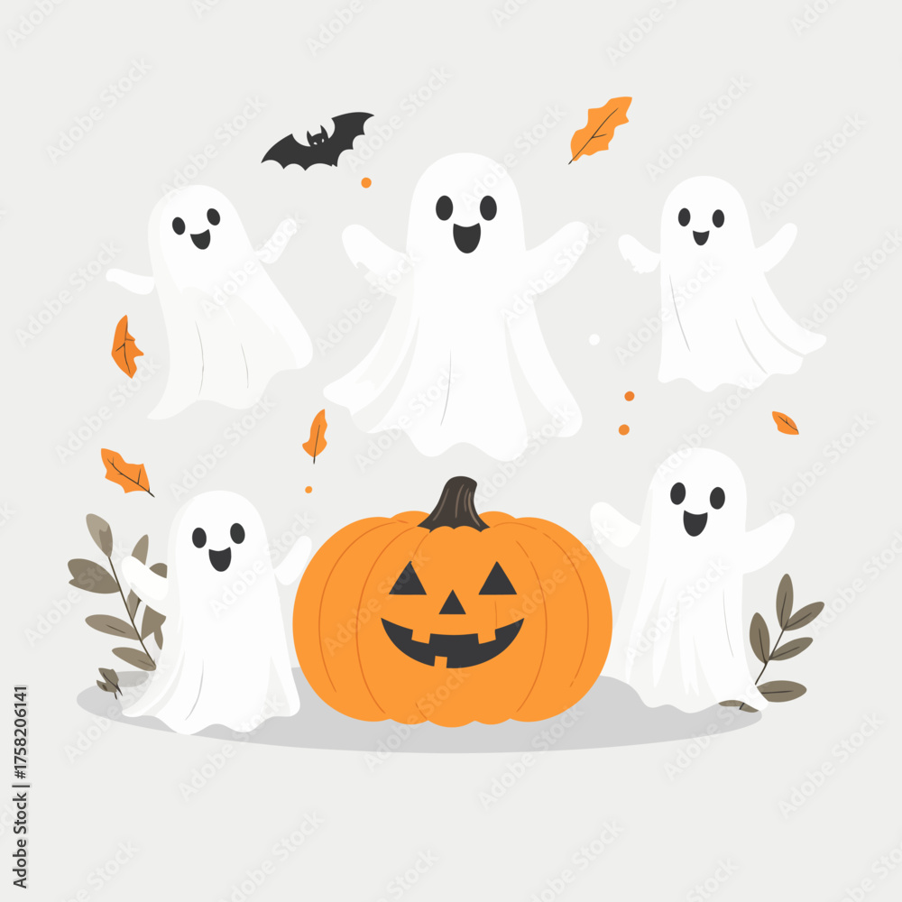 Fototapeta premium Cheerful Orange Carved Pumpkin with Smiling Ghosts Halloween Festive Illustration.