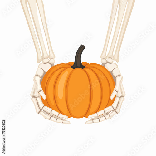 Bony skeleton hands carefully holding a vibrant orange Halloween pumpkin with a dark stem.