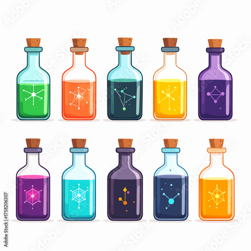 Vibrant magic potion bottles with cork stoppers and glowing geometric symbols.