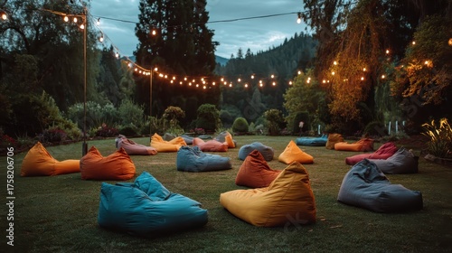 Outdoor cinema with beanbag seats on grass, and festive string lights. Perfect for summer movie nights or garden parties with friends.