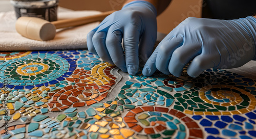 An artist wearing blue gloves carefully places small tiles to create a colorful and intricate circular mosaic artwork