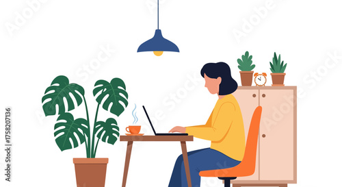 Young Woman Working from Home on Laptop Surrounded by Houseplants for Remote Office Concept