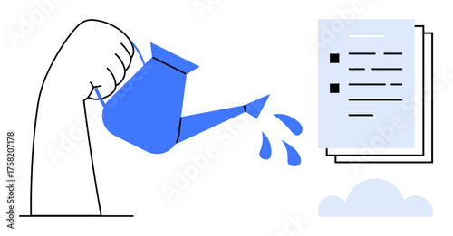 Hand holding watering can pouring water onto documents with checklist, illustrating nurturing ideas, growth, productivity. Ideal for business, creativity, innovation, management, organization