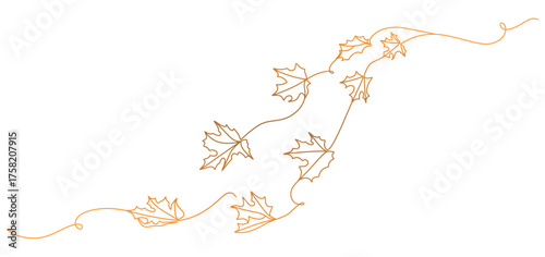 Minimalist one-line drawing of several maple leaves connected by a continuous flowing line in a soft orange gradient. The elegant design symbolizes autumn, nature, and simplicity,