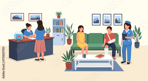 Vector Illustration of a Hospital Waiting Room with Nurse Receptionist and Patients