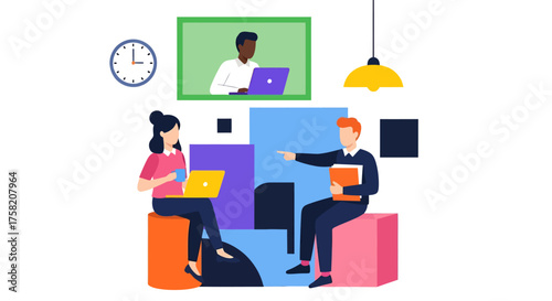Modern Team Collaboration Diverse Professionals Working Together in a Dynamic Virtual Meeting Vector Illustration