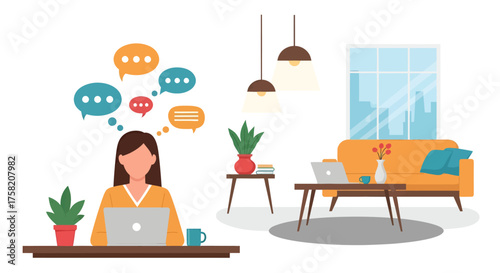 Freelancer Woman Working Remotely From Home on Laptop With Chat Bubbles