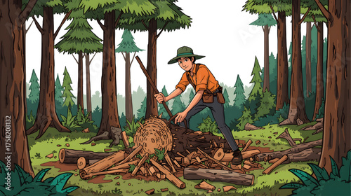 A cartoon illustration of a young, smiling logger or lumberjack actively chopping down a tree in a deforested area, surrounded by tree stumps and pine trees, symbolizing unsustainable or illegal loggi